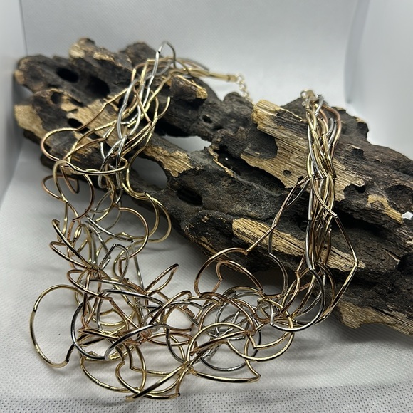 B&P Tri Color Rose Gold Silver Tone Multi Strand NECKLACE Glamour Designer Curve - Picture 2 of 8